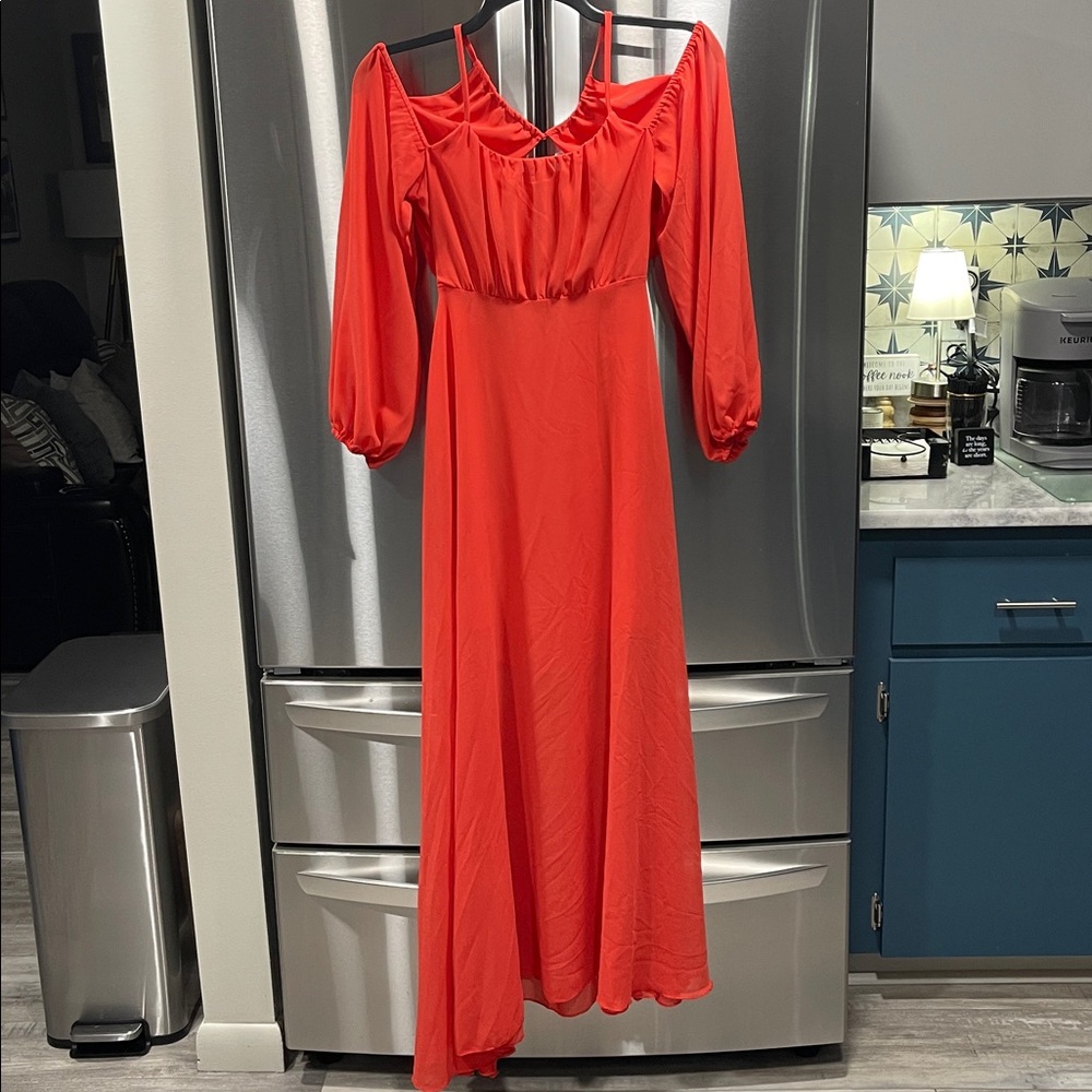 Elegant Red/Coral Off-Shoulder Maxi Dress